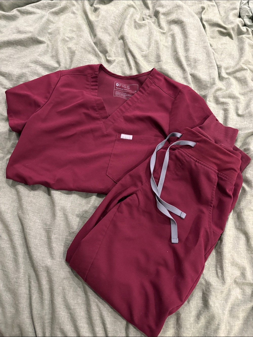 Figs Wine V-Neck Scrub Top and Drawstring Pants